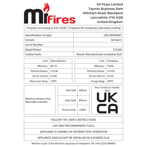 Mi-Flues - 136-DERWENT - 5kw Multi-fuel Stove - 5Kw - ECODesign