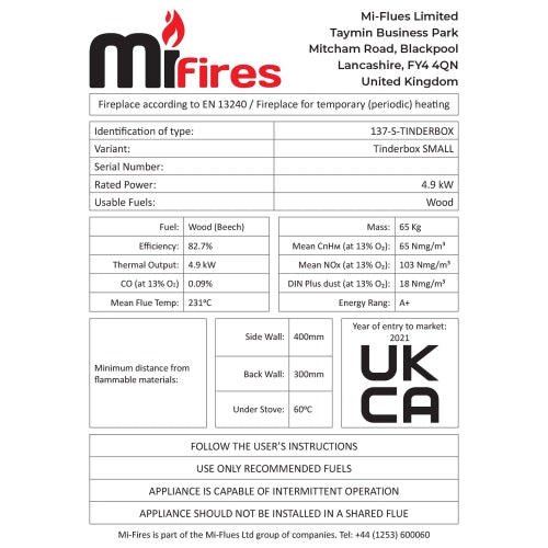 Mi-Flues - 137-S-TINDERBOX - Small Tinderbox 4.9kw Wood Stove ECODesign